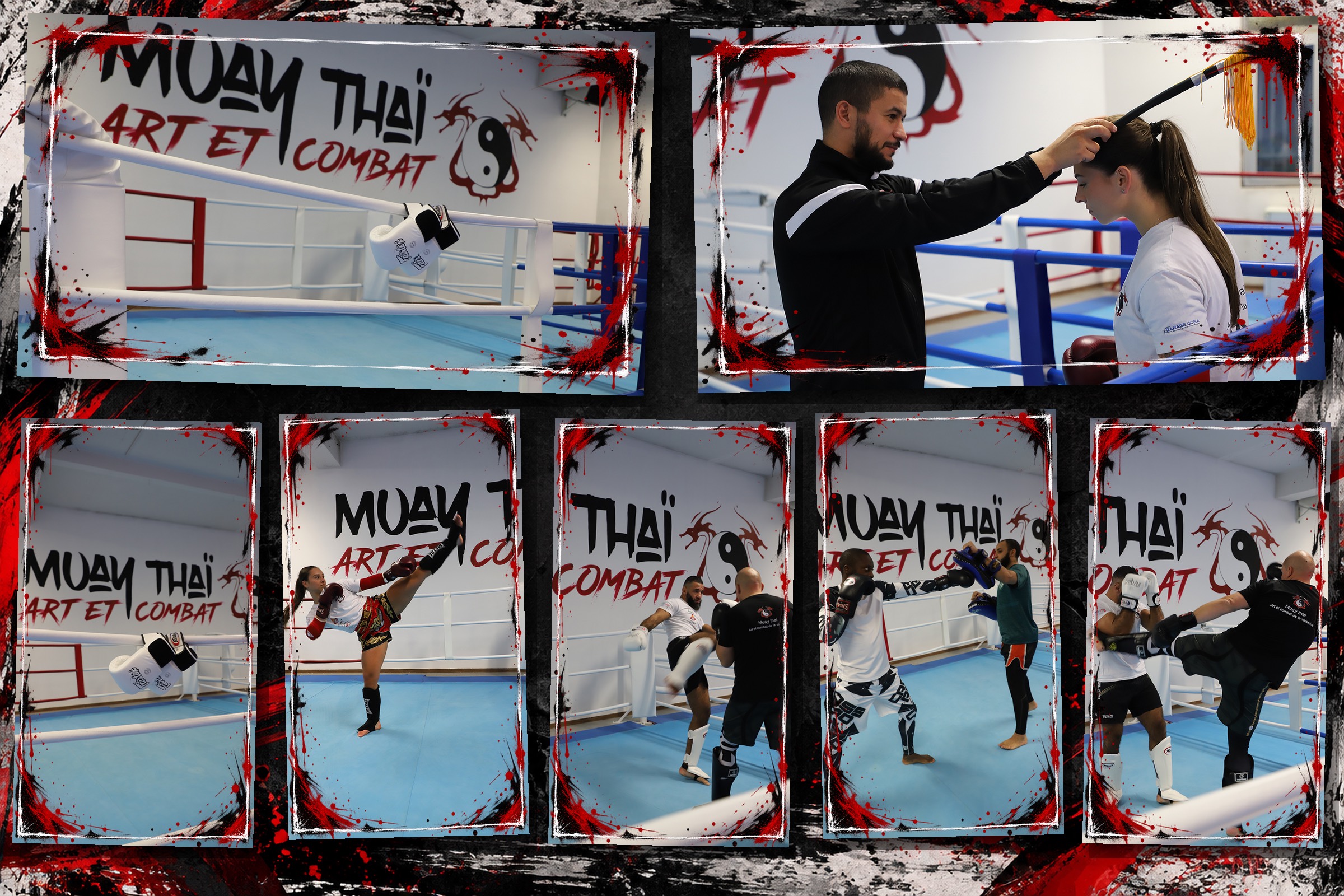 Collage de photos d'entraînement au club Art et Combat : ring, passage de grade, coups de pied et travail aux pattes d'ours
